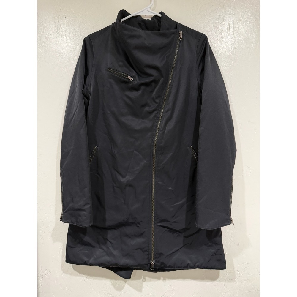 Eileen Fisher Asymmetric Zip Funnel Neck Coat Black Italian Fabric Size XS - Picture 2 of 8